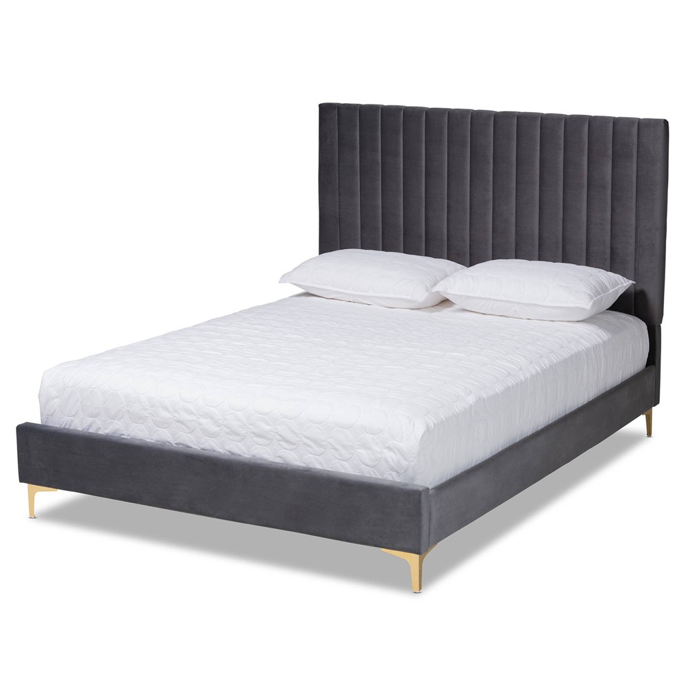 Photos - Bed Frame Queen Serrano Velvet Fabric Upholstered and Metal Platform Bed Gray/Gold 