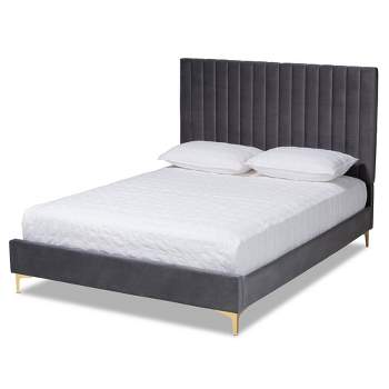 Queen Serrano Velvet Fabric Upholstered and Metal Platform Bed Gray/Gold - Baxton Studio