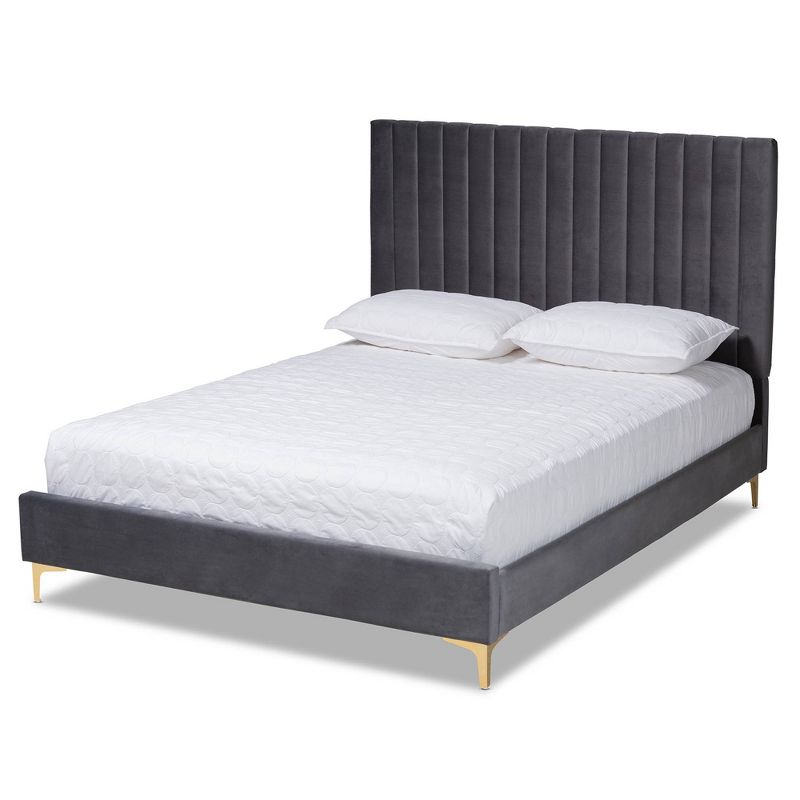 Queen Serrano Velvet Fabric Upholstered and Metal Platform Bed Gray/Gold - Baxton Studio, 1 of 11