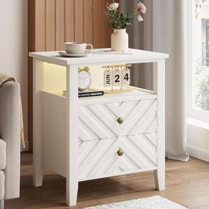 LED Night Stand with 2 Storage Drawers and Stable Wooden Legs,Farmhouse Nightstand with/V-Shaped Design & Open Storage Shelf,for Bedroom Living Room - 1 of 4