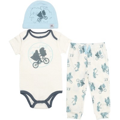 E.T. the Extra-Terrestrial E.T. The Extra-Terrestrial ET Baby Bodysuit Jogger Pants and Hat 3 Piece Outfit Set Newborn to Infant