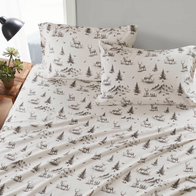 Full Gray Deer Toile Cotton Flannel Sheet Set