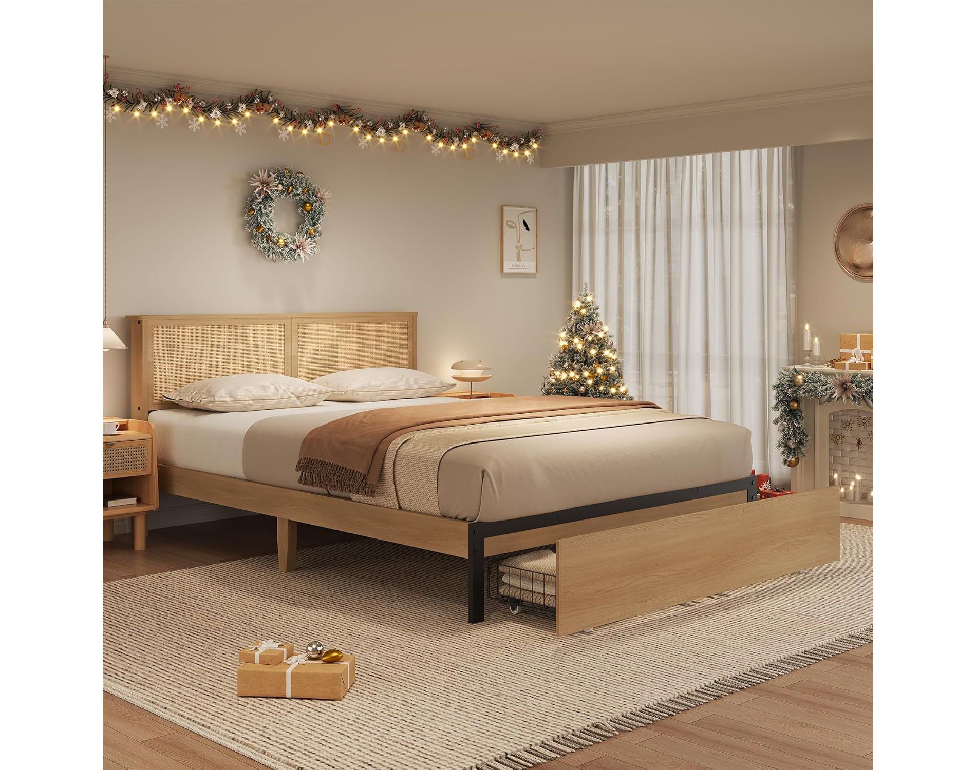 Acekool Full Size Platform Bed Frame with Rattan Headboard, 2 Drawers, Strong Wood Slats, Quiet Design, No Box Spring Needed