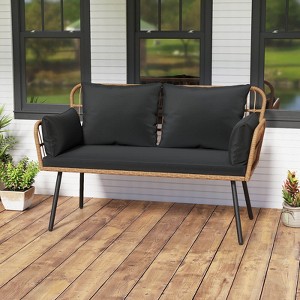 Costway Patio Wicker Loveseat Furniture with Seat Back Cushions, Heavy-Duty Metal Legs Off-White/Black - 1 of 4