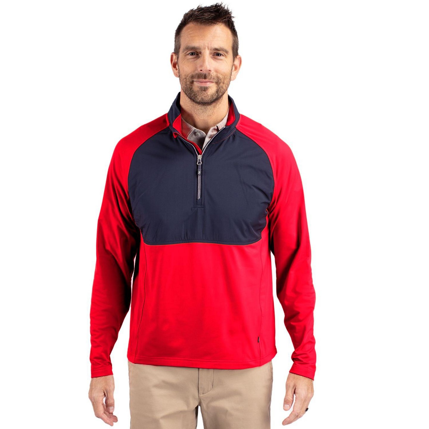 Мужская толстовка на молнии Cutter & Buck Adapt Eco Knit Hybrid Recycled Mens Quarter Zip - Red/Navy Blue, цвет: Красный — фото 1
