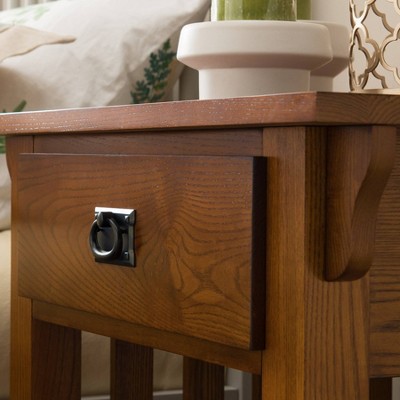 Medium Oak Mission Style End Table with Drawer and Shelf