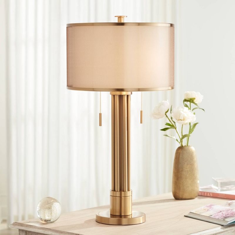 Possini Euro Design Granview Modern Table Lamp 32 1/2" Tall Brass Column Taupe Organza Outer Off White Linen Inner Drum Shade for Bedroom Living Room, 2 of 10