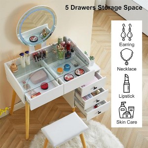 Vanity Desk with Mirror and Lights, Glass Top Dressing Table with 5 Drawers, 1 Makeup Stool for Dressing Room Living Room Home Office White - 1 of 4