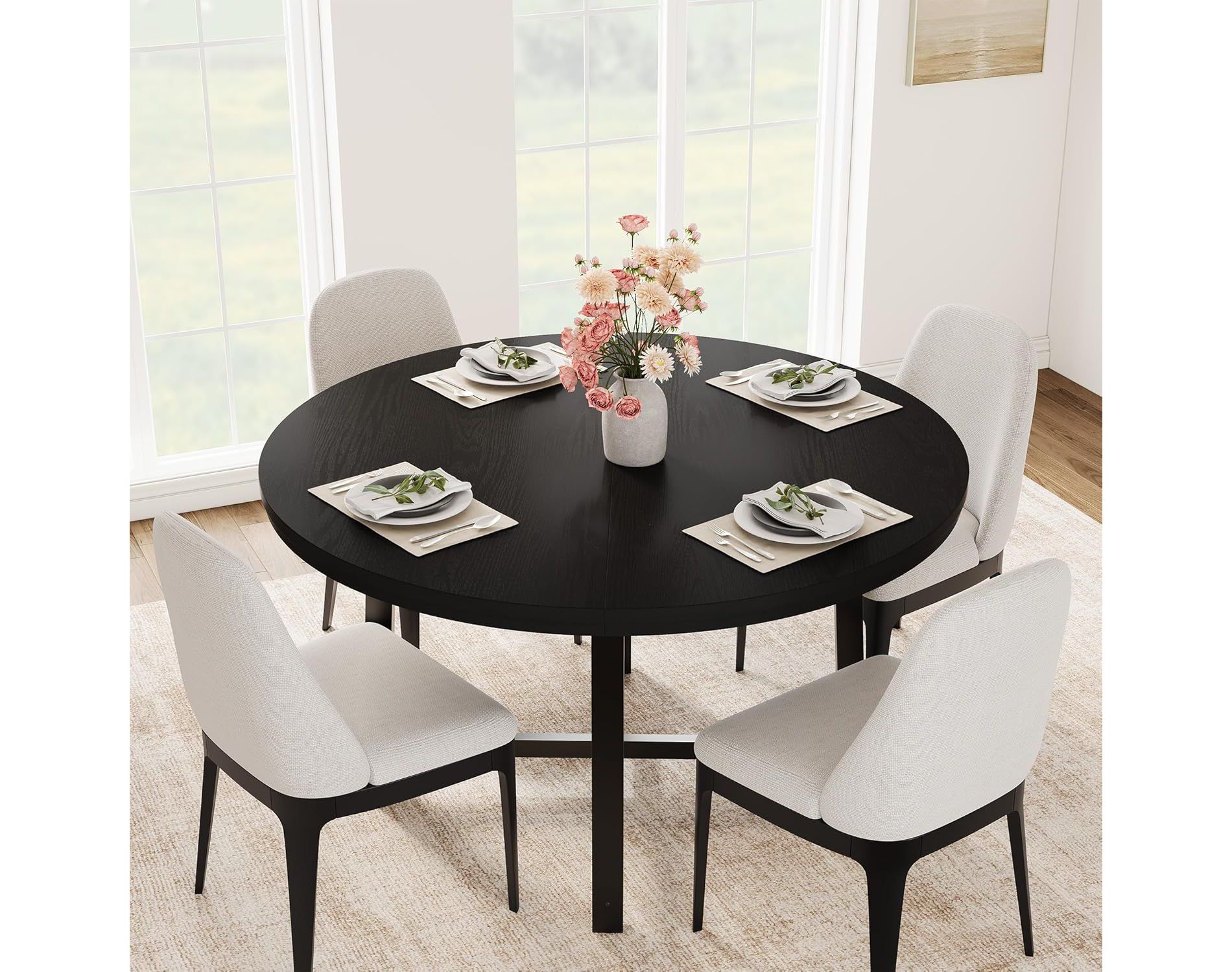 Circular Industrial Dining Table 47", Wood Top with Metal Base Kitchen Table, Seats 4-6, Round Dinner Table for Kitchens & Dining Rooms