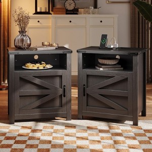 AOXUN Farmhouse End Table, 21" Rustic Nightstand with Barn Door, 2-Piece Set for Living Room, Black - 1 of 4