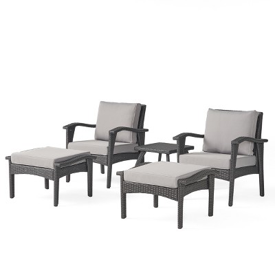 GDFStudio Hilary Outdoor Wicker 5 Piece Club Chair Chat Set with Ottomans