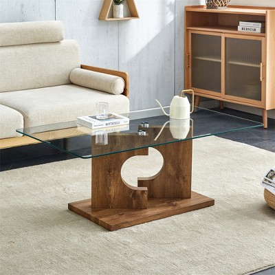 Rectangular Modern Stylish Coffee Table, Glass Table, With Tempered Glass Tabletop And Wooden Mdf Legs