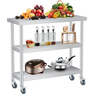 Stainless Steel Table, 14 x 36 Inch, 3-Tier Metal Prep Table with 2 Lockable Wheels, Undershelf, Commercial Kitchen Utility Workstation