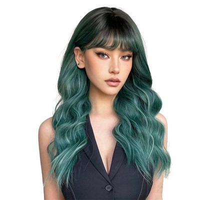 Jessie's Wig 22 Inch Long Wavy Bangs With Wig Synthetic Hair Green Color 1 Pc/Pack