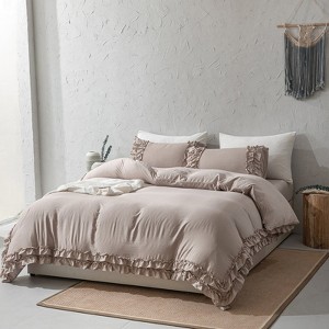 Ruffle Duvet Cover Set – Pleated Shabby Chic Bedding with Pillowcases, Soft Washed Microfiber, Elegant Boho Farmhouse Style - 1 of 4