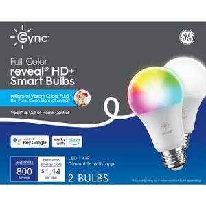 GE 2pk CYNC Reveal Smart A21 LED Light Bulbs Full Color: Voice Control, Energy Star, Alexa & Google Assistant Compatible - 1 of 4