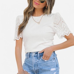 Amaryllis Women's Ribbed Knit Top with Eyelet Lace Flutter Sleeves Elegant Casual Stretchy Fitted Tee - 1 of 4
