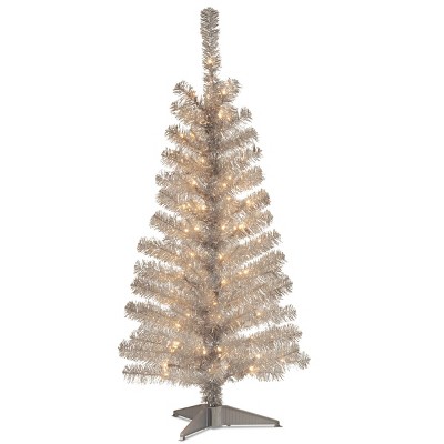 4ft National Christmas Tree Company Pre-Lit Silver Tinsel Artificial Christmas Tree with 70 Clear Lights