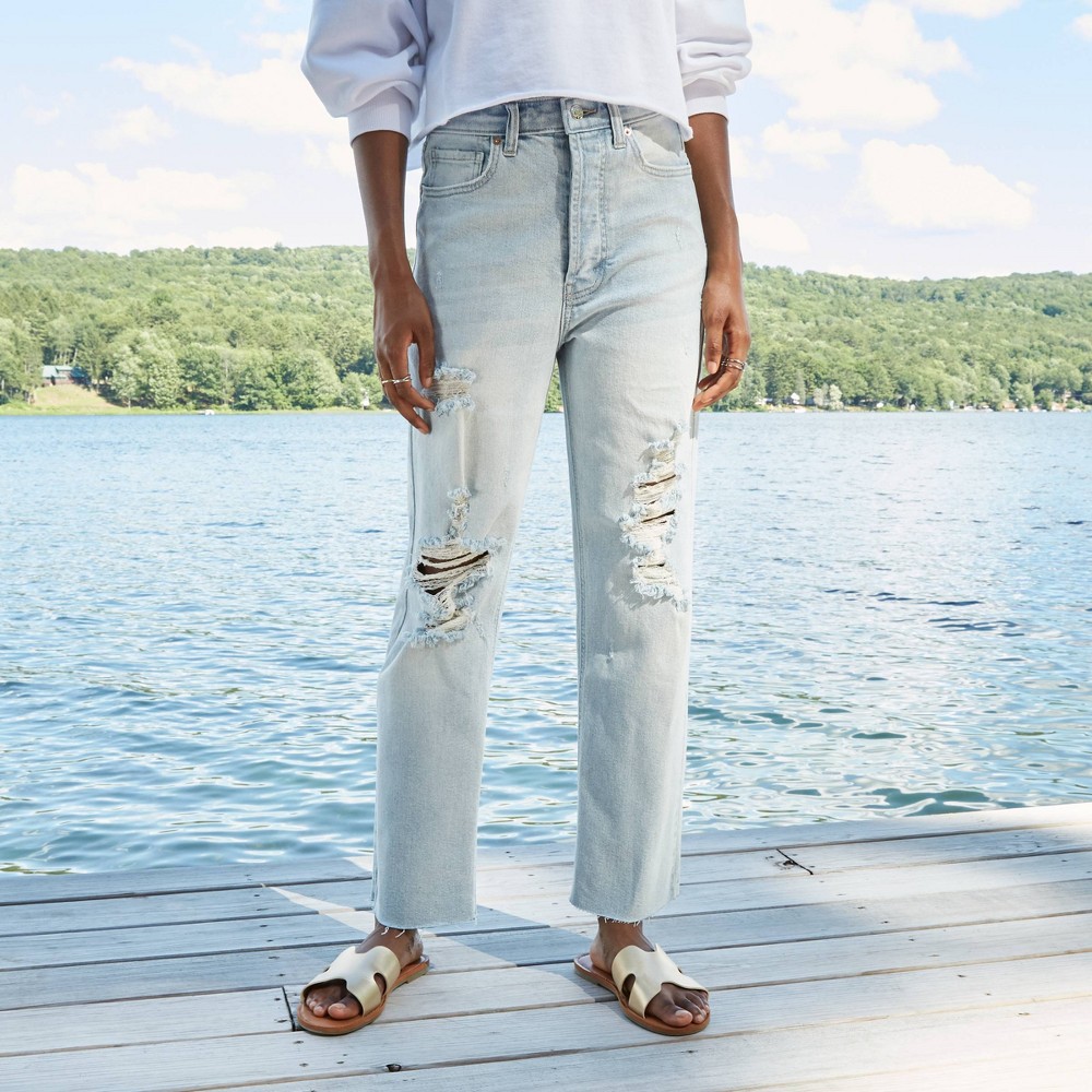 Women's Super-High Rise Distressed Straight Jeans - Wild Fable Light Wash 2