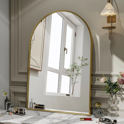 24" x 36" Arched Mantle Mirror, Black/Gold-HOMLUX: Metal Frame, Wall Mount, Modern Decor