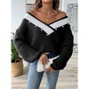 Women's Chunky Sweater Fall Winter Long Sleeve Knit Sweater Shirt V Neck Contrast Color Loose Oversized Pullover Top Blouse with Pearls - 3 of 3