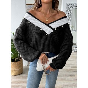 Clearlove Women's Color-Block Pearl Embellished Sweater - Deep V-Neck Drop Shoulder Pullover - 1 of 4