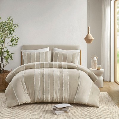 3 Pcs 100% Cotton Comforter Set, Jacquard Ultra Soft Textile Boho Style Stripe Design Bedding Set, OEKO-TEX Certified Bed Set with Matching Shams