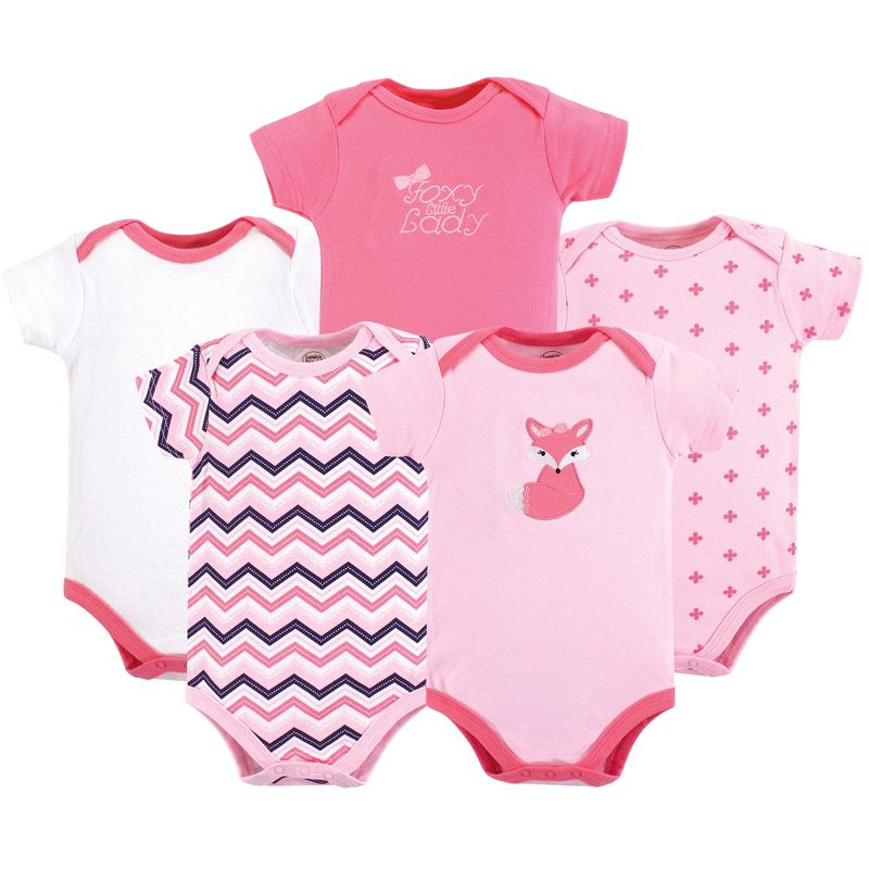 Luvable Friends Baby Girl Cotton Bodysuits 5pk, Foxy, 1 of 3