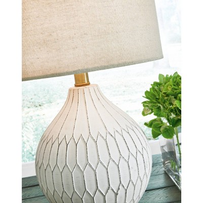 White Ceramic Retro-Inspired Table Lamp with Beige Shade