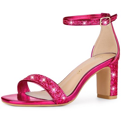 Allegra K Women's Glitter Square Toe Ankle Buckle Strap Chunky Heels Sandals