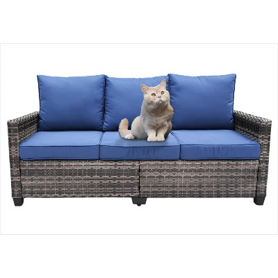 Nertpow 3 Piece Patio Furniture Set - PE Wicker Long Sofa with Barrel-Shaped Design - Durable, Comfortable and Stylish Outdoor Seating Solution,Blue
