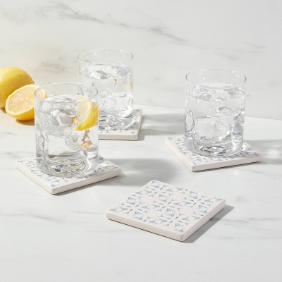 4pk Stoneware Stamp Coasters Light Blue - Threshold™: Traditional Drink Coasters, Hand Wash, 4 Square, Set of 4
