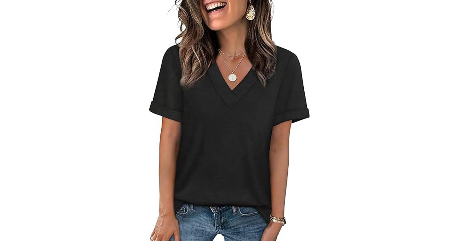 Attraco Women's V-Neck Rolled Cuff Short Sleeve Loose Fit Casual T-Shirt Summer Tops
