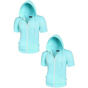 Lars Amadeus Men's Solid Color Zip Up Short Sleeves Sweatshirt with Drawstring Hood 2 Packs - 1 of 4