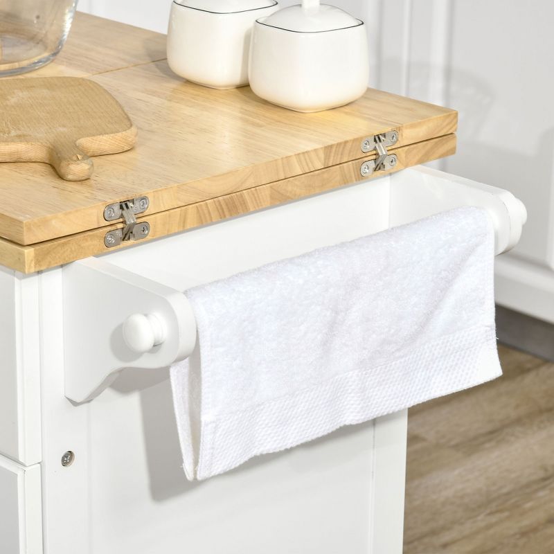 HOMCOM Kitchen Island Trolley Cart on Wheels with Drop Leaf Drawer Cabinet Towel Racks Versatile Use Natural Wood Top and White, 5 of 9