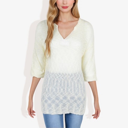 Anna-Kaci Women's Lightweight Long Sleeve Knit Top with Notch Neck and Rolled Cuffs - image 1 of 4