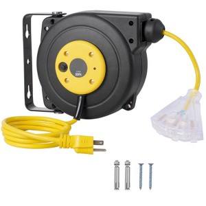 VEVOR Retractable Extension Cord Reel, 30 FT, Heavy Duty 16AWG/3C SJTOW Retractable Power Cord Reel with Lighted Triple Tap Outlet, Black - 1 of 4