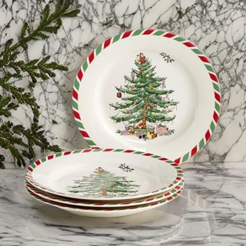 Spode Christmas Tree Collection Set of 4 Appetizer Plates, Candy Cane Border Measures at 8-Inches, Dishwasher and Microwave Safe, 2 of 5