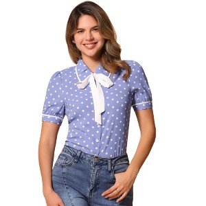 Allegra K Women's Polka Dots Peter Pan Collar Tie Neck Short Sleeve Shirt - 1 of 4