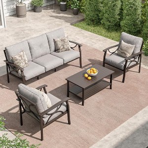 Heynemo Outdoor Patio Furniture Set, 4 Piece Patio Conversation Set with Coffee Table, Metal Furniture Set for Porch Backyard Garden, Grey - 1 of 4