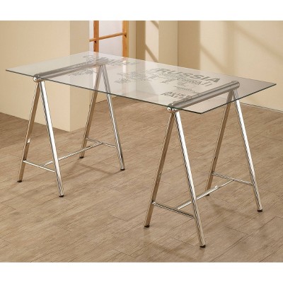 Contemporary World Map Glass Home Office Desk - 59" Nickel Finish