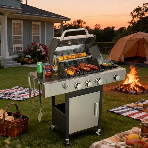 BAOURE 3-Burner Propane Gas BBQ Grill with Side Burner, 37,230 BTU Outdoor Barbecue with Enameled Cast Iron Grids - 1 of 4