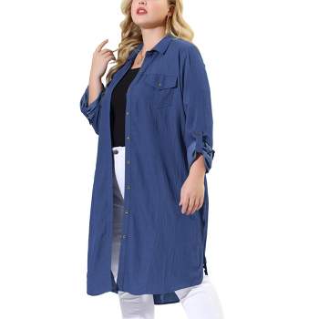 Agnes Orinda Women's Plus Size Chambray Shirt Long Sleeve Chest Pocket Denim Jacket