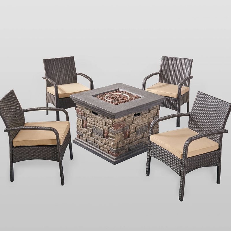 Christopher Knight Home 5pc Cordoba Wrought Iron Outdoor Patio Fire Pit Furniture Set with Club Chairs, 3 of 8