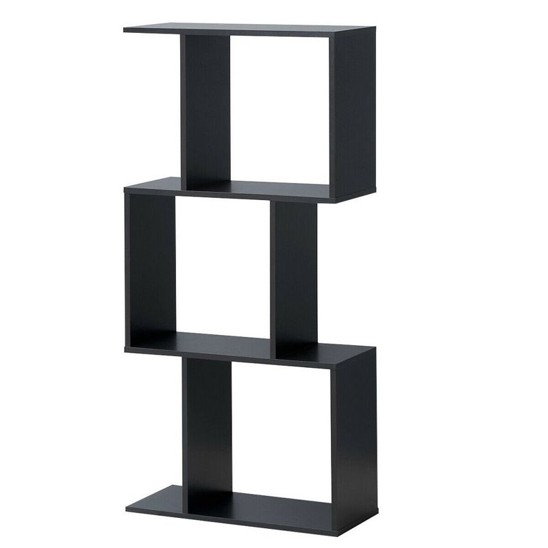 Costway 3-tier S-Shaped Bookcase Free Standing Storage Rack Wooden Display Decor Black, 1 of 11