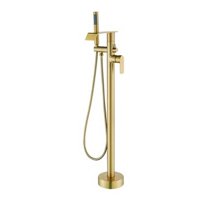 Cobbe Single Handle Freestanding Floor Standing Tub Faucet Tub Filler with Handheld Shower Swivel Spout and 59-Inch Hose Brushed Gold - 1 of 4