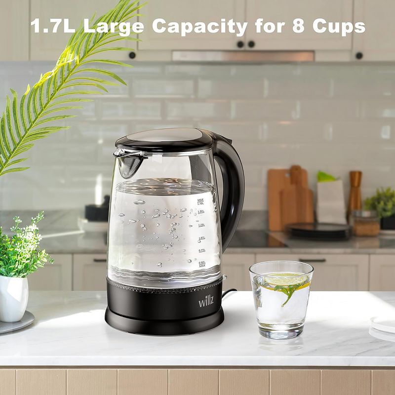 Willz 1.7 Liter 1500 Watt Electric Glass Tea Kettle in Black with Auto Shut Off, 4 of 7