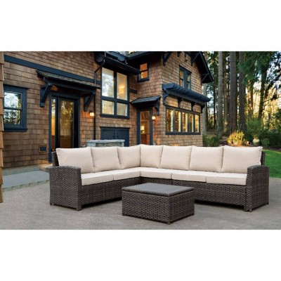 3pc Roof Top Sofa Section with Middle Chair & 1 Coffee Table - Brown - Courtyard Casual