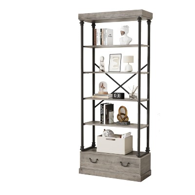 5-Tier Tall Bookshelf with Drawer, Vintage Industrial Bookcase, Farmhouse Storage Shelf for Home, Office, Living Room, Bedroom