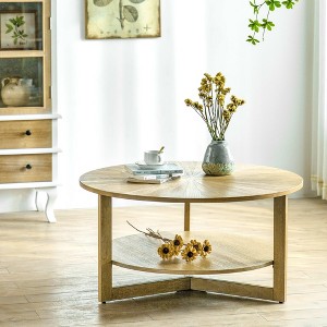 EHMKNP Solid Wood Round Coffee Table with Storage Shelf - 1 of 4